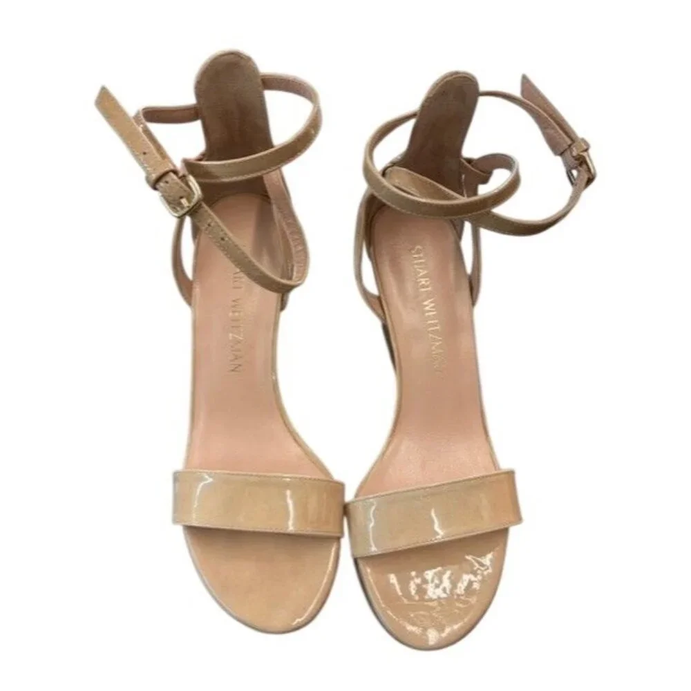 Stuart Weitzman Nude Patent Leather Wedge Sandals Womens Size 6 Adjustable Ankle